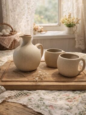 Vintage Beige Ceramic Pitcher & Mug Set — Cottagecore Farmhouse Decor